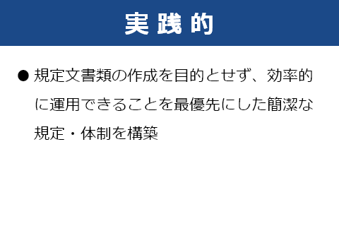 実践的　規定文書類の作成を目的とせず、効率的に運用できることを最優先にした簡潔な規定・体制を構築